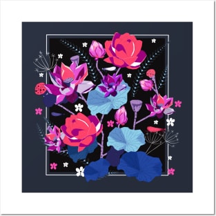 Dragon flies and Lotus Flowers motif-pink purple and blue in black Posters and Art